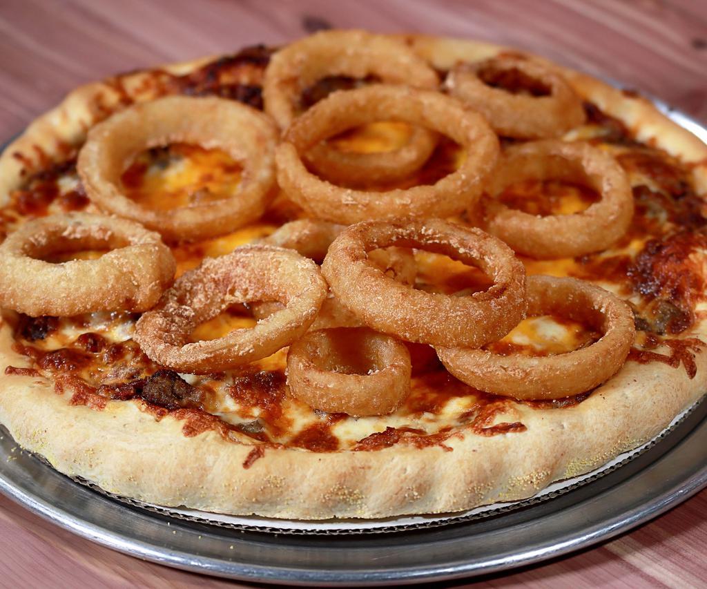 Cowboy Thick Crust Pizza · BBQ sauce, ground beef, bacon, cheddar cheese, mozzarella cheese and onion rings.