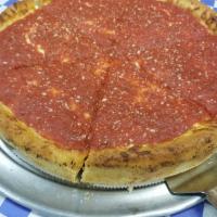 Meat-etarian Chicago Style Deep Dish Pizza · Pepperoni, salami, Canadian bacon, Italian sausage and ground beef.