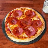 Hot Soppressata Pizza  · Fresh tomatoes sauce, mozzarella cheese, garlic oil, chili flakes.