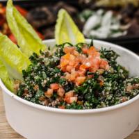 Tabouli Salad · Super fresh parsley and other fresh herb mixed with quinua, lemon, and olive oil.