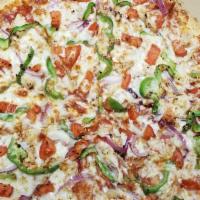 6. Garlic Chicken Pizza Combo · Homemade tomato sauce, shredded whole milk mozzarella cheese, Parmesan cheese, chicken, garl...