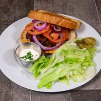 Sourdough Ranch Burger · 1/4 lb. burger patty, Lenny's mayo sauce, lettuce, tomato, pickles and onion on sourdough br...
