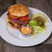 Southwest Pastrami Burger · 1/4 lb. burger patty, pastrami, green chilies, chipotle mayo, lettuce, tomato, pickles and o...