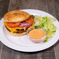 2. Double Country Burger · American cheese, lettuce, tomato, pickle, red onion and 1000 Island dressing.