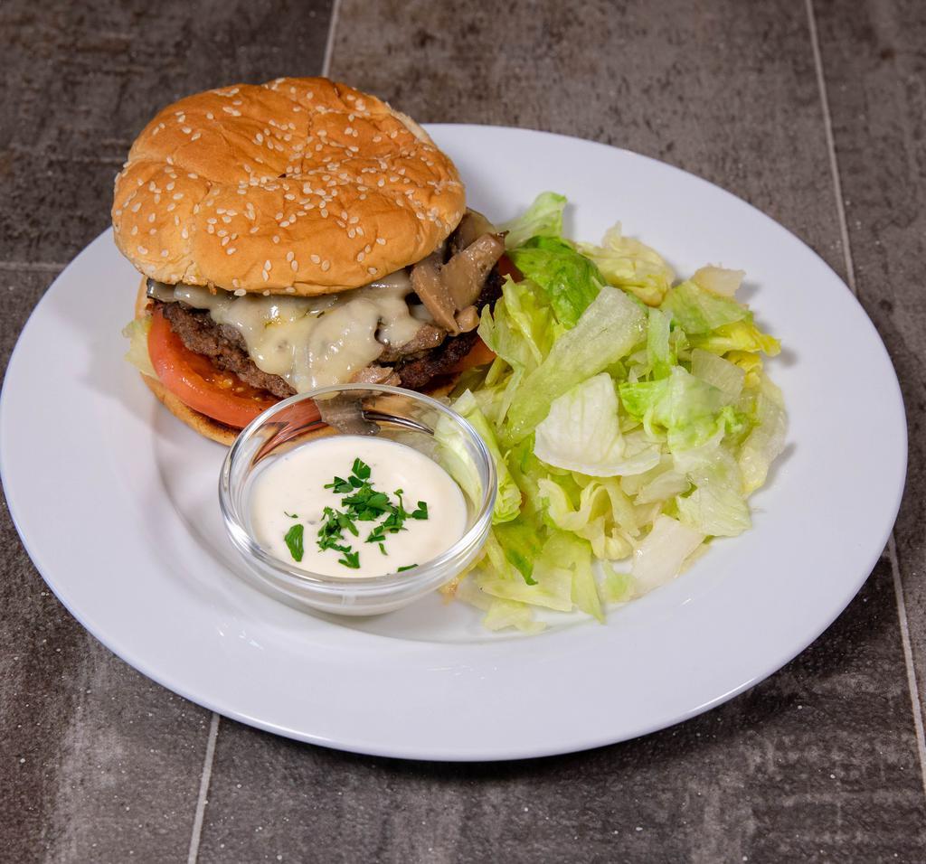 5. Garlic Mushroom Burger · Grilled mushrooms, Swiss cheese, garlic herb mayo.