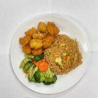 Combo A · Orange chicken and mix veggies with a choice of fried rice, lo mein or white rice.