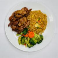 Combo B · BBQ chicken and mixed veggies with a choice of fried rice, lo mein or white rice.
