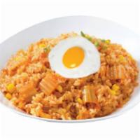 Kimchi Fried Rice  · Stir fried rice with kimchi, onions, chicken, and a sunny-side-up egg on top. 