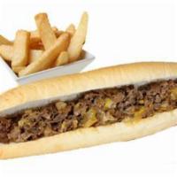 Philly Cheesesteak Sandwich · With grilled white onions, provolone and American cheese. Served with steak fries or house s...