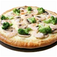 Alfredo Jumbo Shrimp Pizza · With Alfredo sauce, Mozzarella cheese, mushrooms, grilled jumbo shrimp and broccoli.