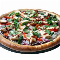 BBQ Chicken Pizza · With Mozzarella cheese, grilled chicken breast, BBQ sauce, red onions, red bell peppers and ...
