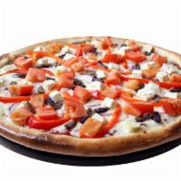 Greek Pizza · With homemade tomato sauce, Mozzarella and feta cheeses, fresh tomatoes, Greek olives, red b...