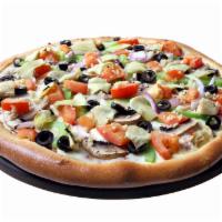 Veggie Pizza · With homemade tomato sauce, Mozzarella cheese, mushroom, red onions, green peppers, artichok...