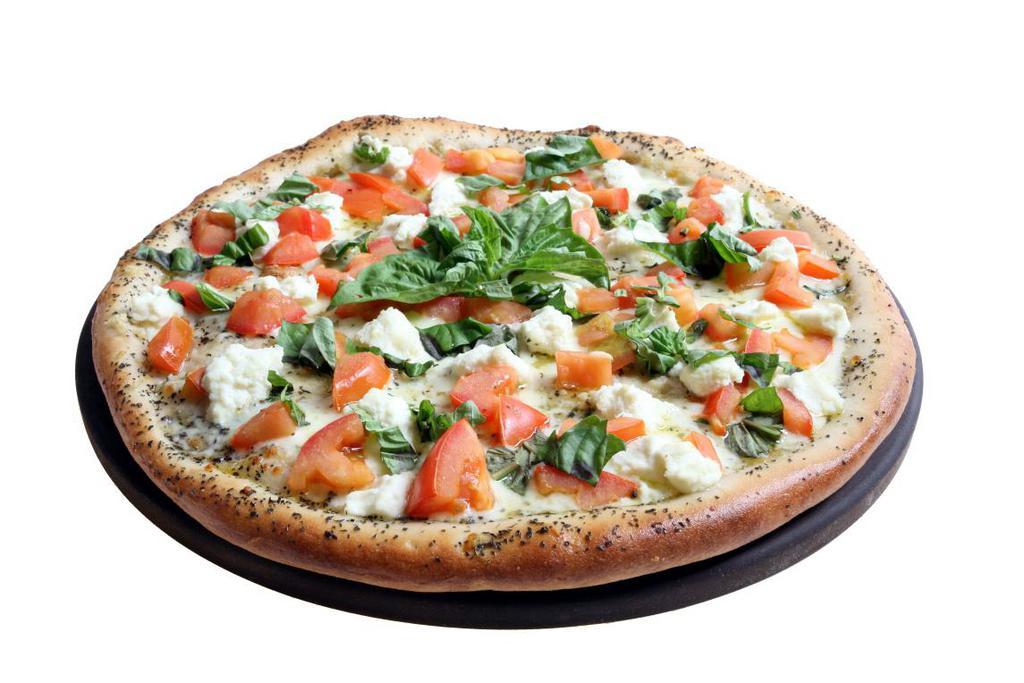 Margarita Pizza · With white sauce, Mozzarella cheese, fresh tomatoes, Ricotta cheese and fresh basil.