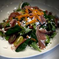 Georgetown Salad · Mixed baby greens, cherry tomatoes, carrots, red onion, prosciutto, seedless grapes, feta ch...