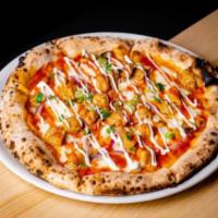 Buffalo Chicken Pizza · Buffalo hot sauce, fresh mozzarella, blue cheese, Buffalo chicken, fresh red onion, extra-vi...