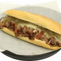 Bourbon and Bacon Cheesesteak · Onions and white American cheese. Topped with crispy bacon and sweet bourbon sauce.