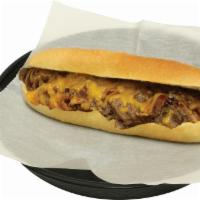 Smokin BBQ Cheesesteak · Onions and melted aged cheddar. Topped with our tangy BBQ sauce.