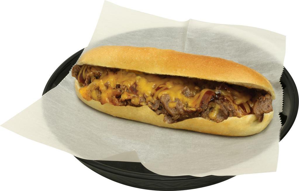 Smokin BBQ Cheesesteak · Onions and melted aged cheddar. Topped with our tangy BBQ sauce.