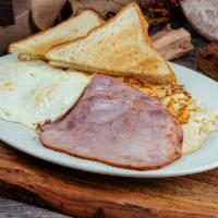 3 Egg Breakfast · 3 Eggs, home potato, toast.  Choice of Bacon, Sausage or Ham. 