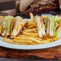 Club Sandwich · Mayo, lettuce, tomato, cheese, ham, bacon, turkey.