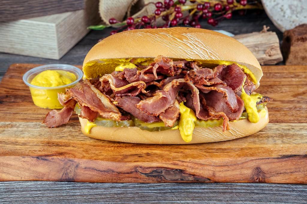 Hot Pastrami · Mustard, pickle, french roll.