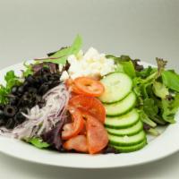 Greek Salad · Fresh lettuce mix with tomato, onions, cucumbers, olives and feta cheese. 