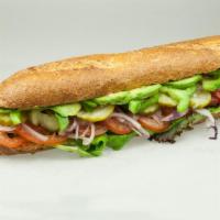 Vegetarian Deluxe Sandwich · Avocado, lettuce mix, tomato, onions, pickles and bell peppers with mayo and Dijon mustard o...