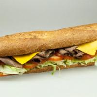 Roast Beef and Cheddar Sandwich · On a wheat baguette with lettuce, tomato and mayo. 