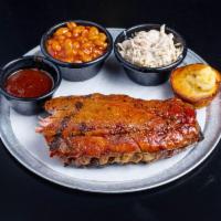 Half Slab Ribs · Served with choice of style and sauce, 2 sides and cornbread.