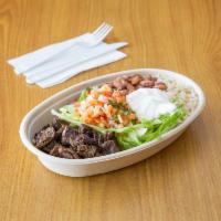 Steak Tip Bowl · Served  with rice,lettuce,pinto beans,pico de gallo and sour cream