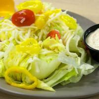 Side Salad · Iceberg, mozzarella, grape tomato, banana peppers. Vegetarian. Vegan upon request.
