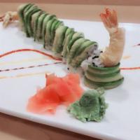 M8. Green Dragon Roll · 8-10 pieces. Shrimp tempura roll with avocado on top. Non raw.