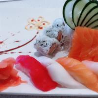 E8. Sushi and Sashimi · 6 pieces of sashimi, 4 pieces of nigiri and salmon avocado rolls.