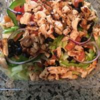 Grilled Chicken Salad · Iceberg lettuce, tomato, cucumber, onion, green pepper and black olives.