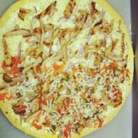 Chicken Ranch Pizza · Seasoned chicken breast, diced tomato, onions and mozzarella cheese. Drizzled with ranch dre...