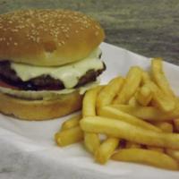 Cheeseburger Deluxe · Served with french fries, lettuce, tomato,mayo, ketchup onion and pickle. Made from 100% sir...