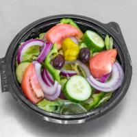 1. Garden Salad · Crisp lettuce, tomato, onions, green pepper, cucumber, banana pepper, and olives.