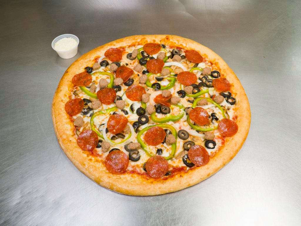 11. Supreme Deluxe Pizza · Pepperoni, fresh mushrooms, onions, green peppers, black olives, hot peppers Italian sausage.