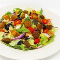 House Salad · Romaine hearts, cherry tomatoes, Bermuda onions, veggie mix (carrots, cucumbers, red cabbage...