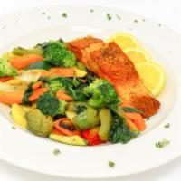 Grilled Salmon with Vegetables · Vegetable choices are sauteed broccoli, spinach, broccoli rabe or mixed vegetables.