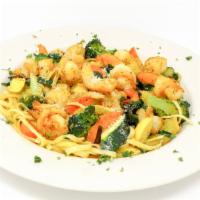 Shrimp Saute · Zucchini, broccoli, yellow squash, carrots in garlic and oil, served over pasta with Romano....