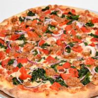 Milano Pizza · Sausage, roasted red peppers, sauteed spinach and Bermuda onion.