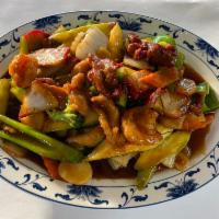 Happy Family · Large A combination of shrimp, beef, chicken and pork with snow peas, water chestnuts, bambo...