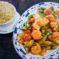 Volcano Shrimp · Hot & Spicy. 15 pcs shrimp Comes with fried rice on side.