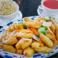 Sweet and Sour Chicken · Served with Fried or Steamed Rice & Fortune Cookie(sweet&sour sauce on side)