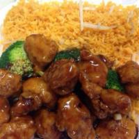 General Tso's Chicken · Served with steamed rice. Spicy.