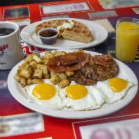Power Breakfast · 3 eggs any style, 2 sausage patties, 2 bacon, home fries, toast, 1 pancake or 1/2 Belgian wa...