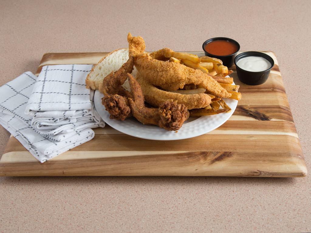 2 Wings, 2 Fish, & 2 Small Sides · Your choice of wing flavor, with selection of whiting fish or basa catfish. Served with 2 small sides & bread.