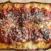Four Cheese Pizza · Classic Detroit style red stripe, oregano